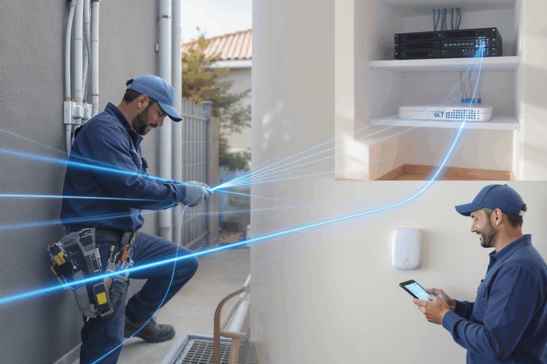 Técnicos de NetCon instalando fibra óptica y configurando el router en el hogar