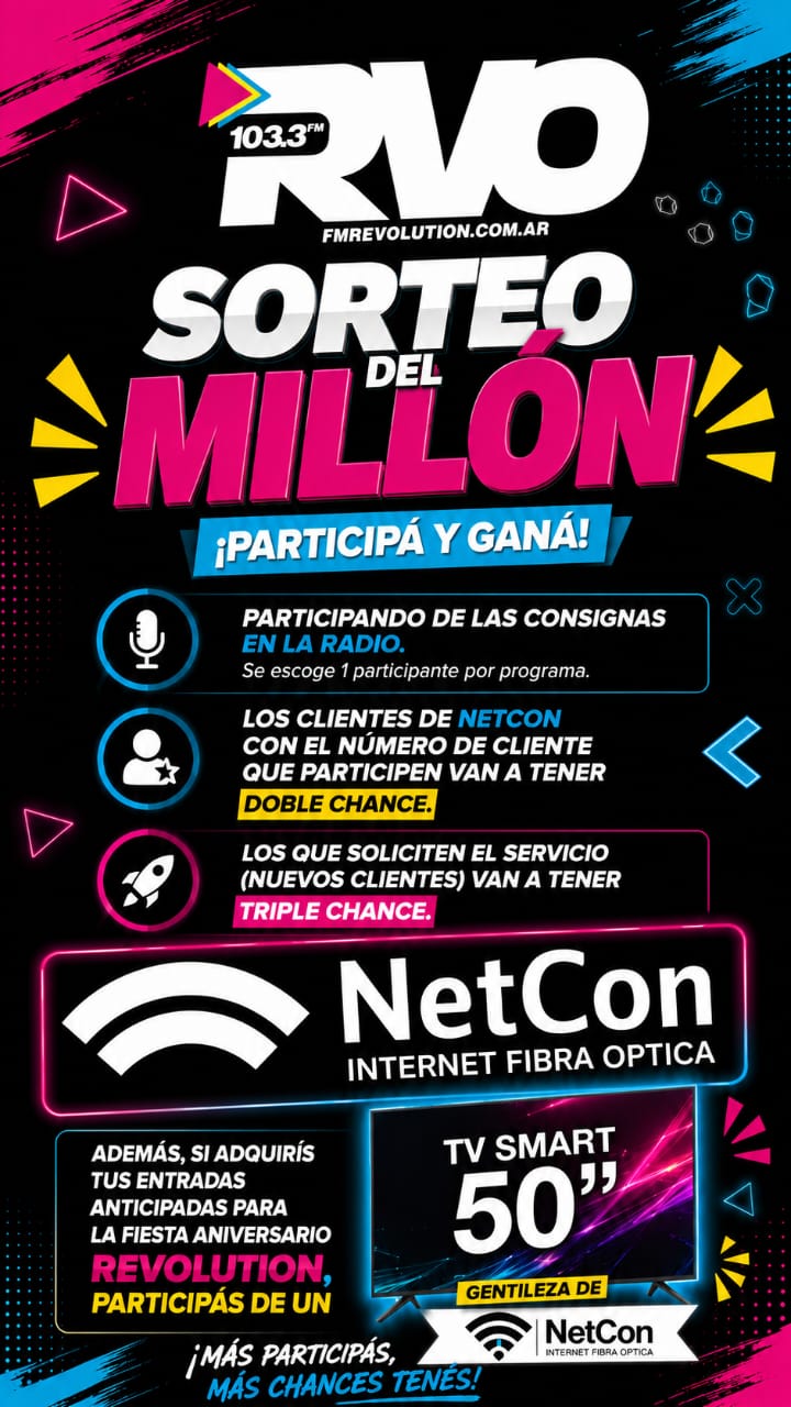 Sorteo del Millón — NetCon y RVO 103.3 FM: $1.000.000 y TV Smart 50 pulgadas